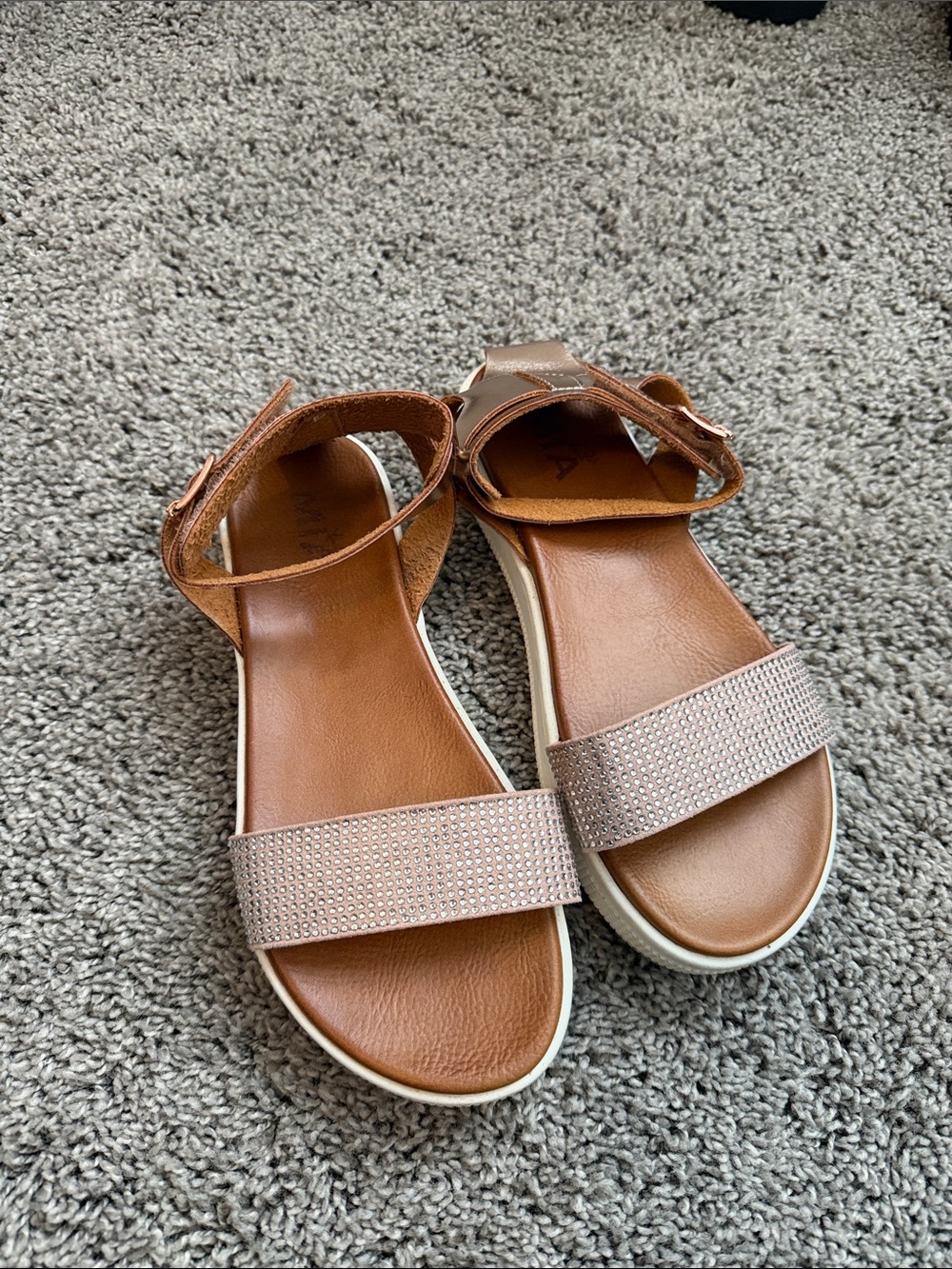 MIA Tan Leather Sandals with Sparkling Rose-Gold Strap